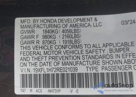 2024 Honda Civic Ex-L from USA, damaged, VIN 19XFL1H72RE021039